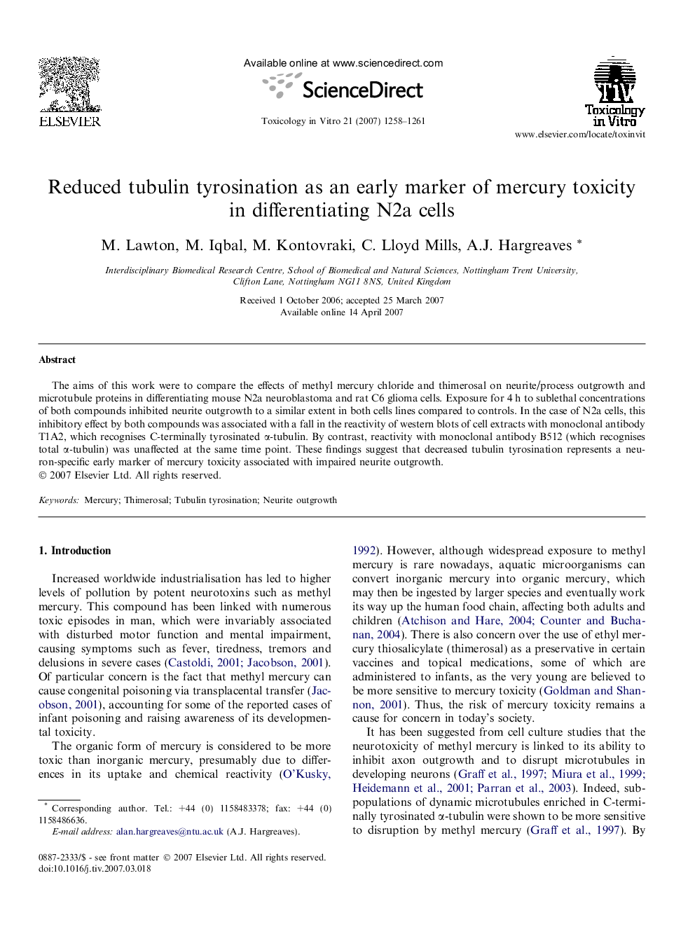 Reduced tubulin tyrosination as an early marker of mercury toxicity in differentiating N2a cells