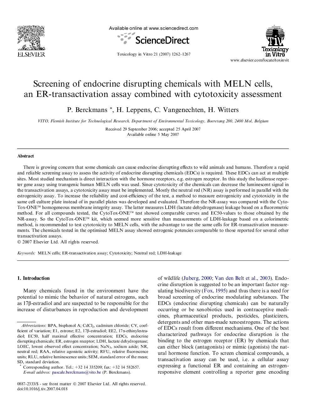 Screening of endocrine disrupting chemicals with MELN cells, an ER-transactivation assay combined with cytotoxicity assessment