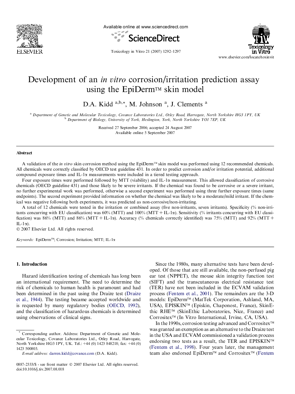 Development of an in vitro corrosion/irritation prediction assay using the EpiDerm™ skin model