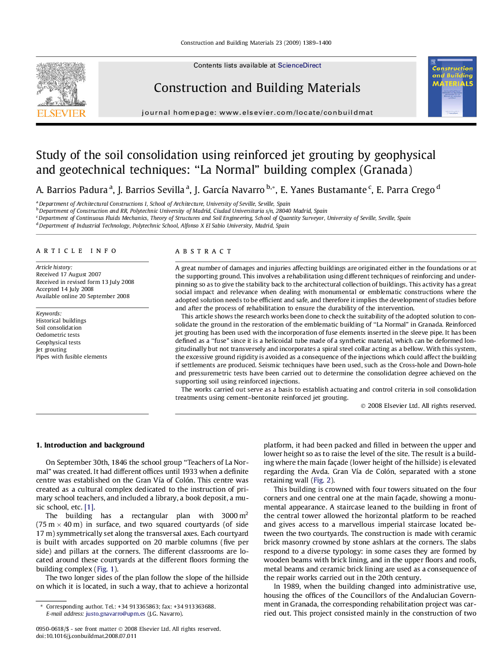 Study of the soil consolidation using reinforced jet grouting by geophysical and geotechnical techniques: “La Normal” building complex (Granada)