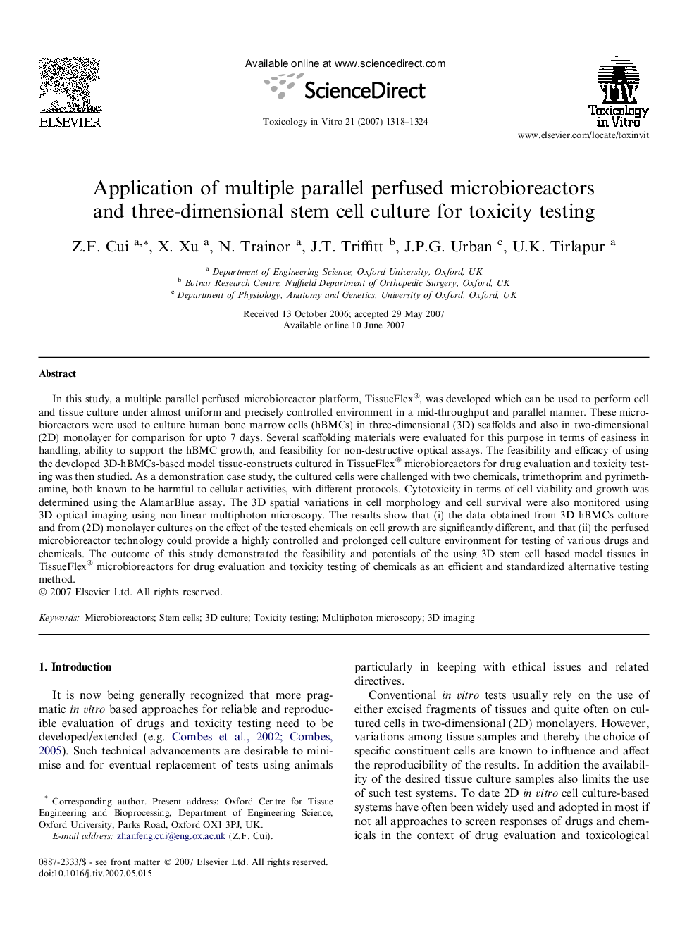 Application of multiple parallel perfused microbioreactors and three-dimensional stem cell culture for toxicity testing