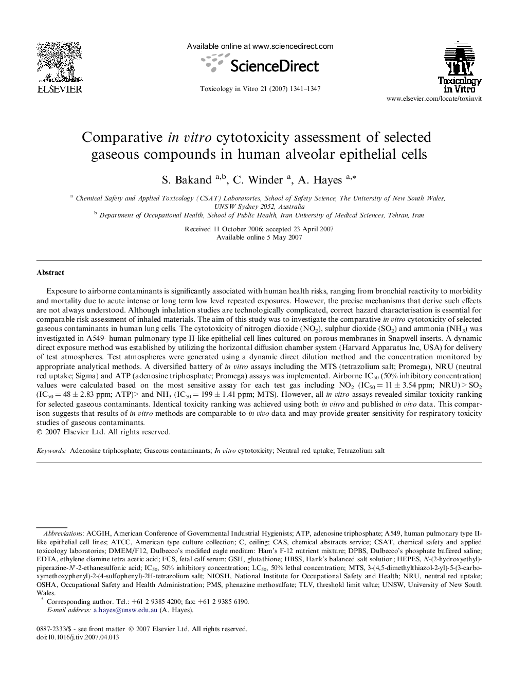 Comparative in vitro cytotoxicity assessment of selected gaseous compounds in human alveolar epithelial cells