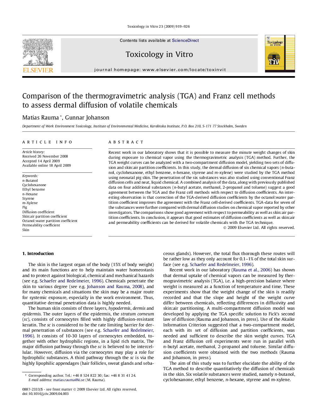 Comparison of the thermogravimetric analysis (TGA) and Franz cell methods to assess dermal diffusion of volatile chemicals