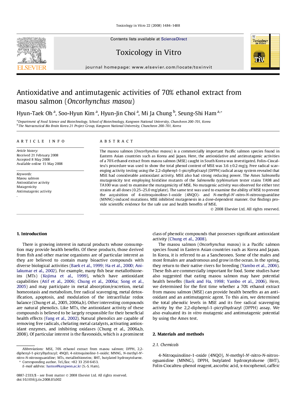 Antioxidative and antimutagenic activities of 70% ethanol extract from masou salmon (Oncorhynchus masou)