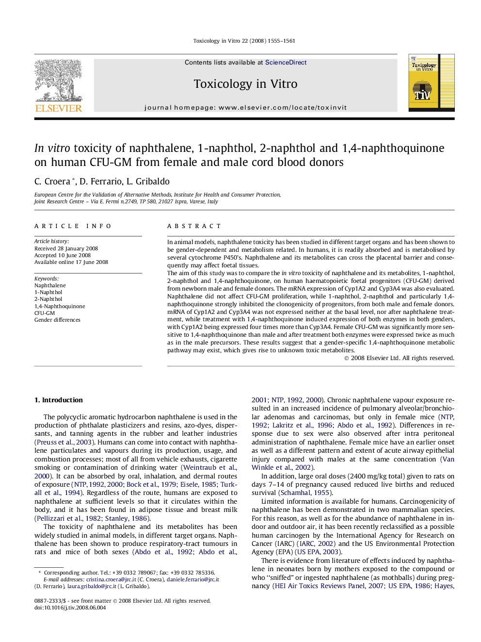 In vitro toxicity of naphthalene, 1-naphthol, 2-naphthol and 1,4-naphthoquinone on human CFU-GM from female and male cord blood donors