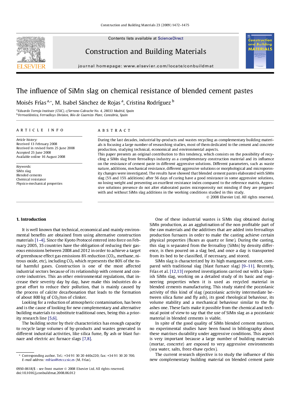 The influence of SiMn slag on chemical resistance of blended cement pastes