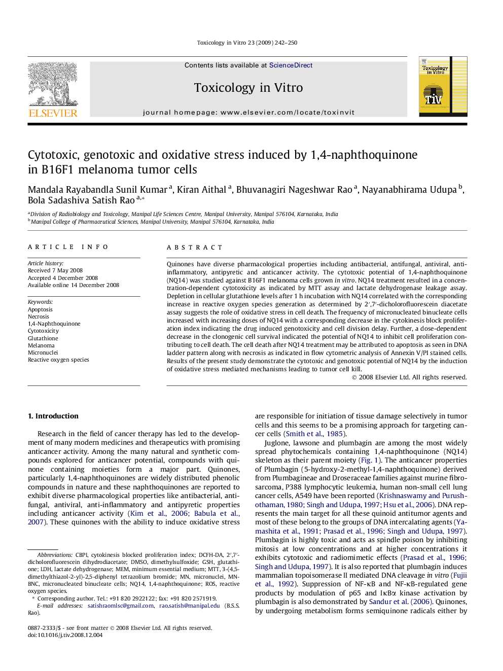 Cytotoxic, genotoxic and oxidative stress induced by 1,4-naphthoquinone in B16F1 melanoma tumor cells