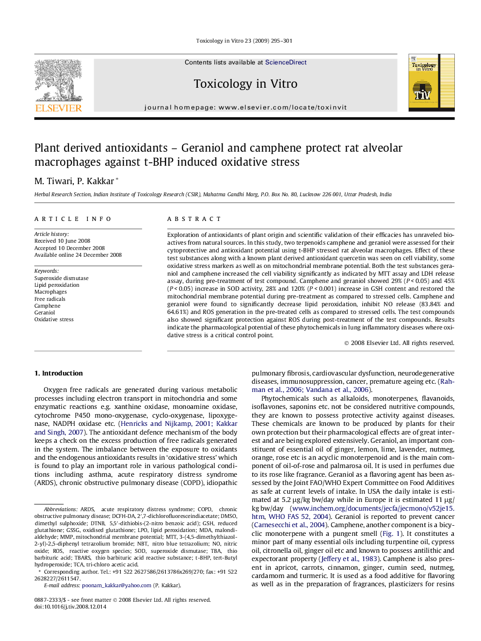 Plant derived antioxidants – Geraniol and camphene protect rat alveolar macrophages against t-BHP induced oxidative stress