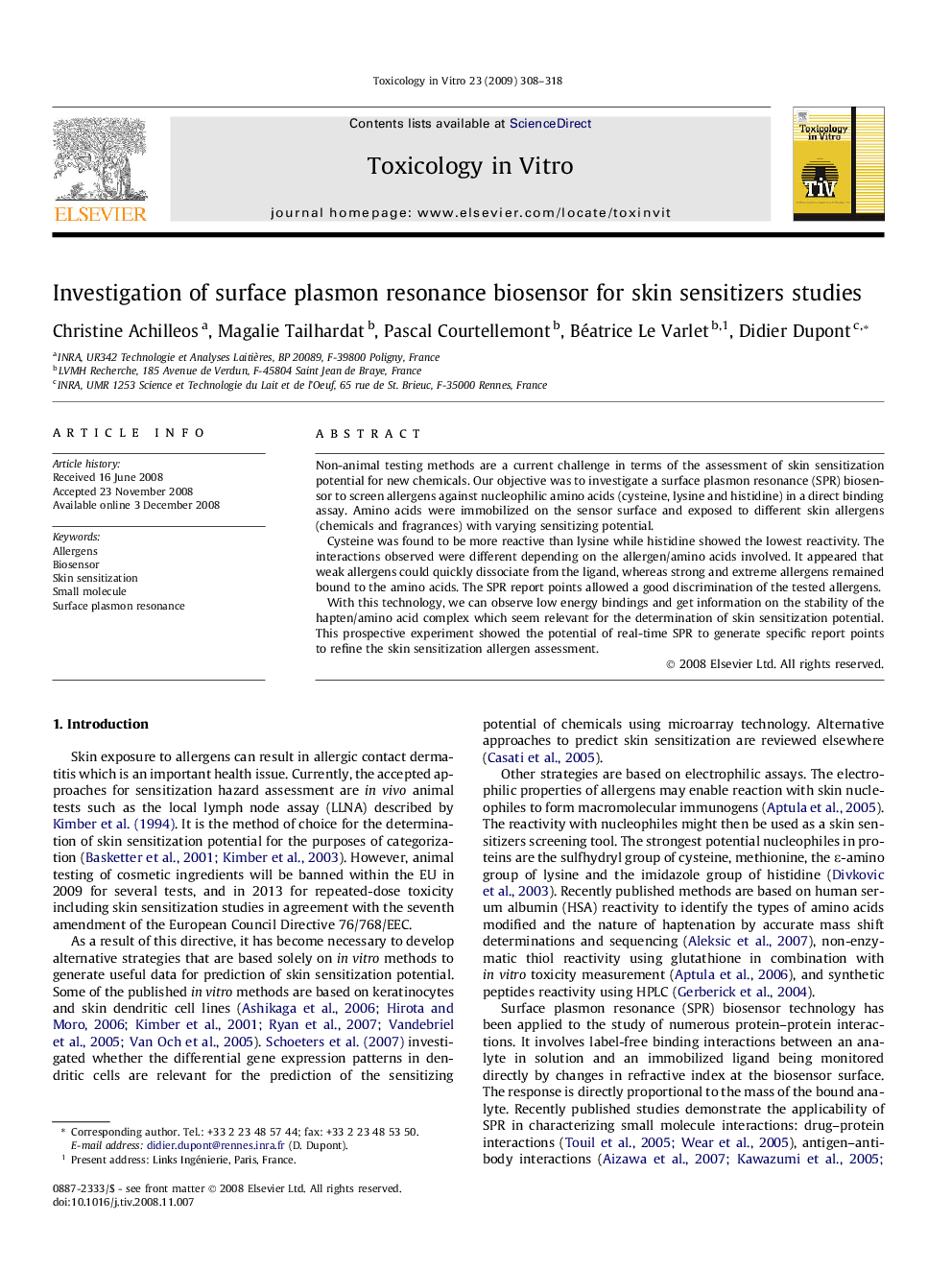 Investigation of surface plasmon resonance biosensor for skin sensitizers studies