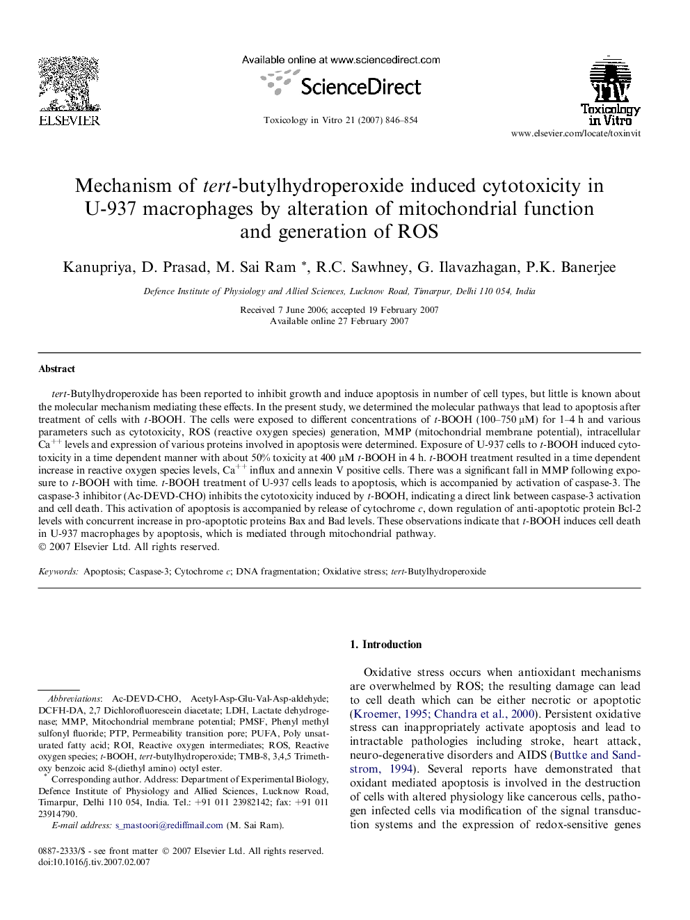 Mechanism of tert-butylhydroperoxide induced cytotoxicity in U-937 macrophages by alteration of mitochondrial function and generation of ROS