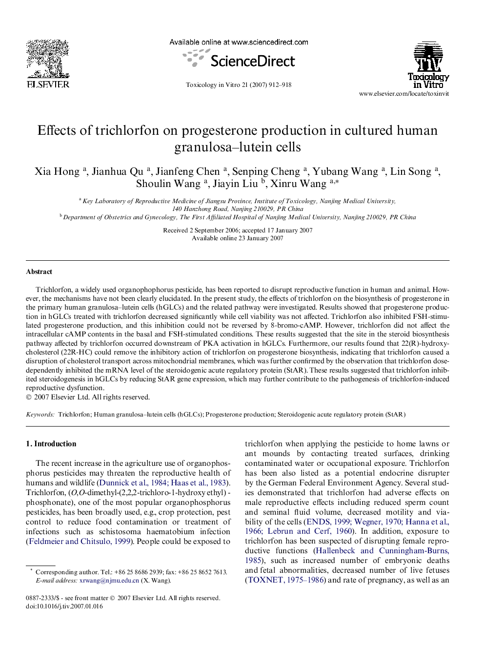 Effects of trichlorfon on progesterone production in cultured human granulosa–lutein cells