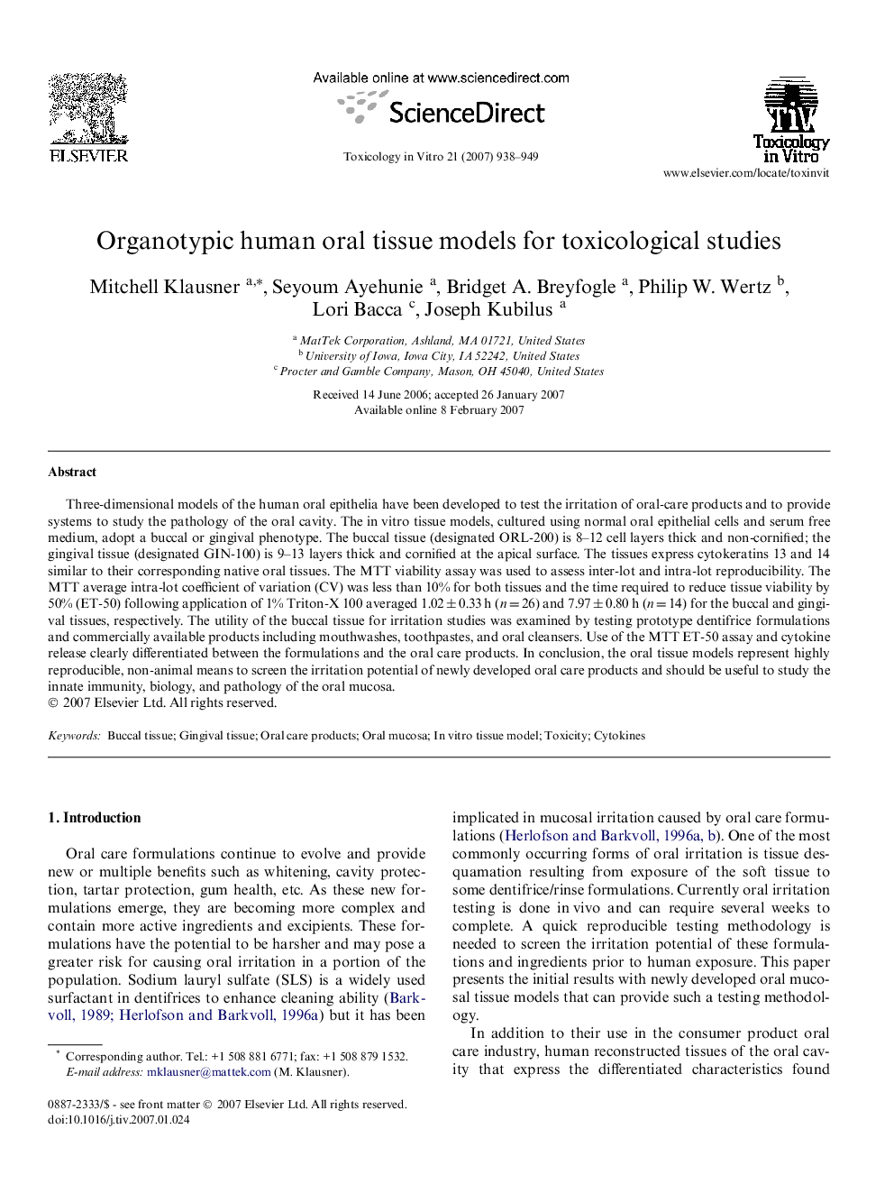 Organotypic human oral tissue models for toxicological studies