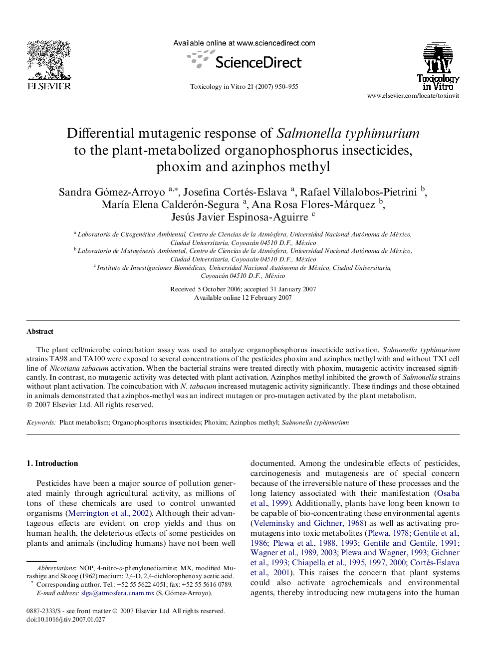 Differential mutagenic response of Salmonella typhimurium to the plant-metabolized organophosphorus insecticides, phoxim and azinphos methyl