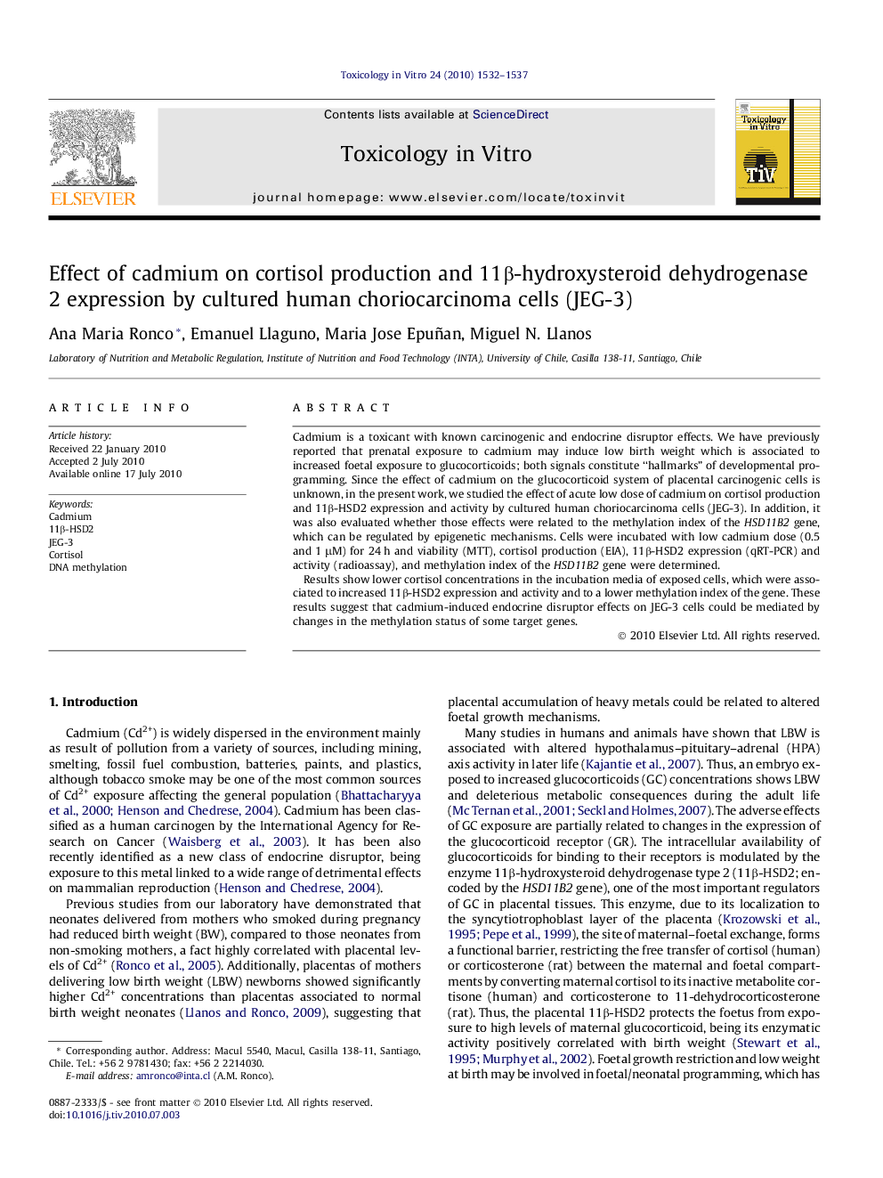 Effect of cadmium on cortisol production and 11β-hydroxysteroid dehydrogenase 2 expression by cultured human choriocarcinoma cells (JEG-3)