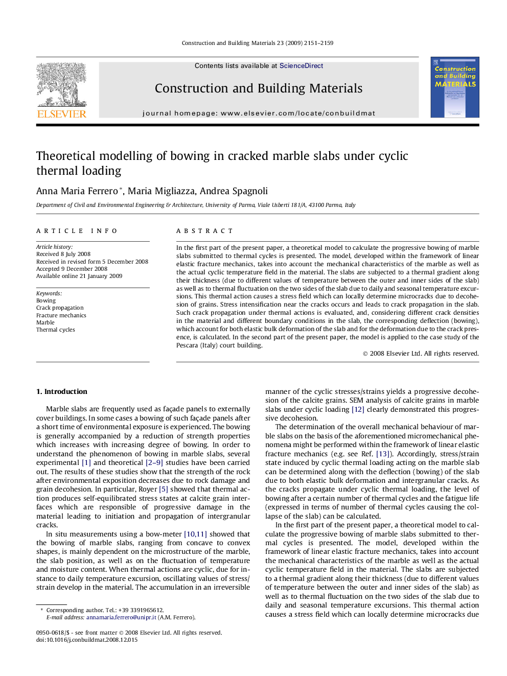 Theoretical modelling of bowing in cracked marble slabs under cyclic thermal loading