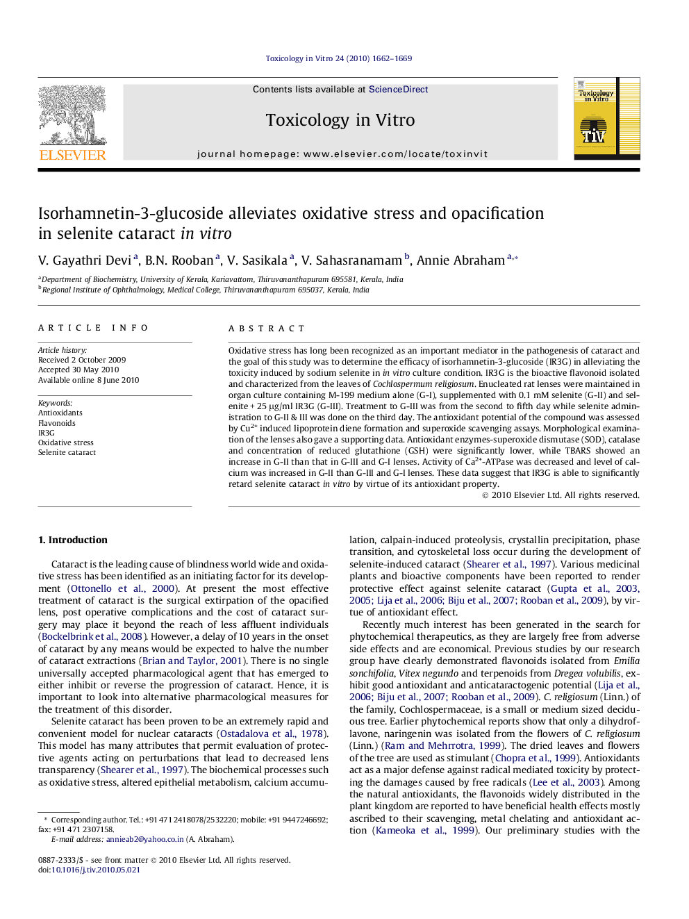 Isorhamnetin-3-glucoside alleviates oxidative stress and opacification in selenite cataract in vitro