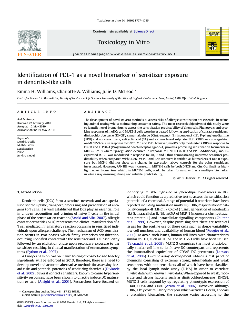 Identification of PDL-1 as a novel biomarker of sensitizer exposure in dendritic-like cells