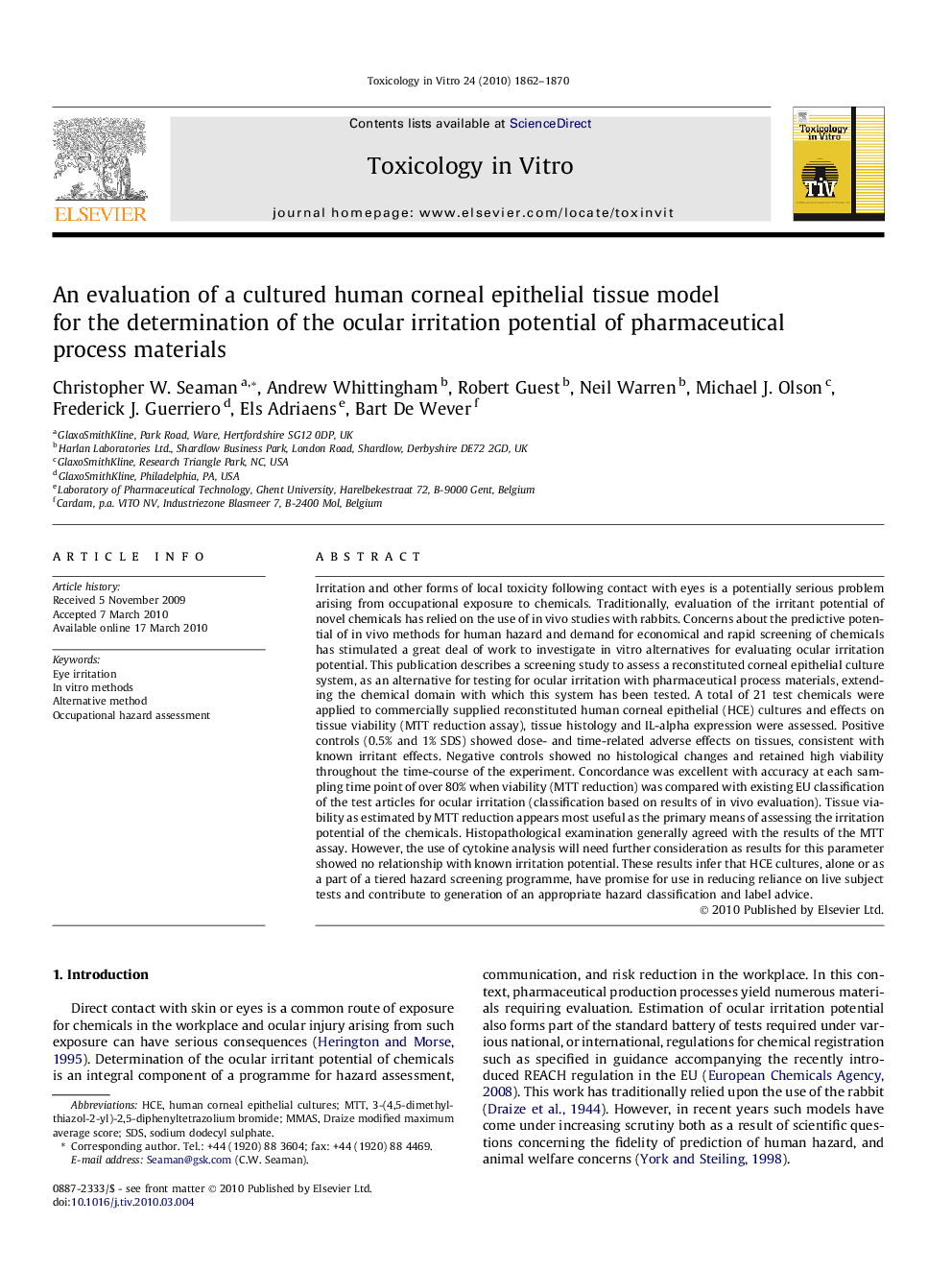 An evaluation of a cultured human corneal epithelial tissue model for the determination of the ocular irritation potential of pharmaceutical process materials