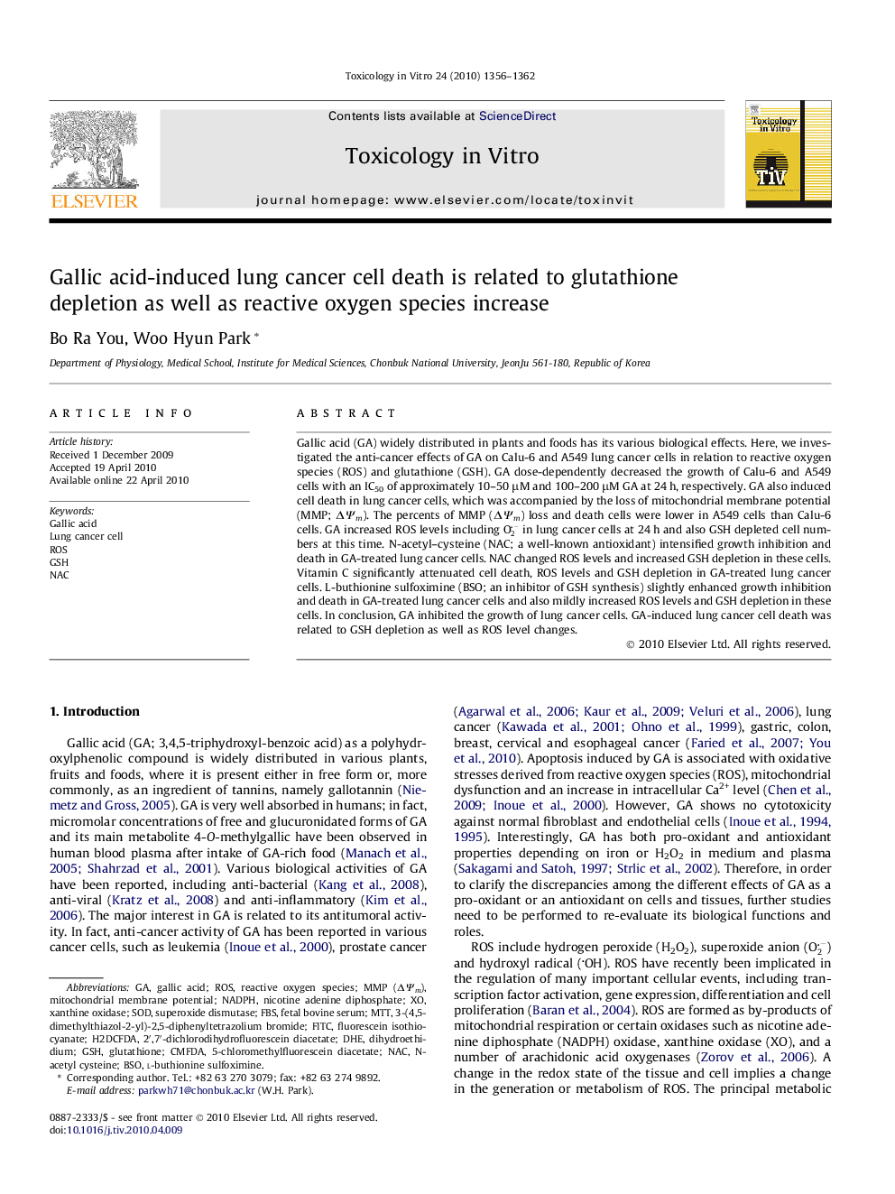 Gallic acid-induced lung cancer cell death is related to glutathione depletion as well as reactive oxygen species increase