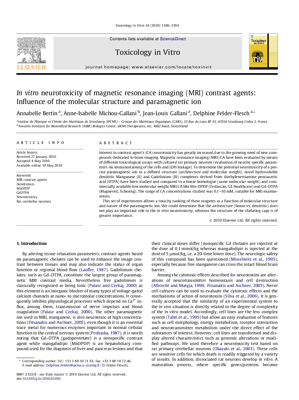 In vitro neurotoxicity of magnetic resonance imaging (MRI) contrast agents: Influence of the molecular structure and paramagnetic ion