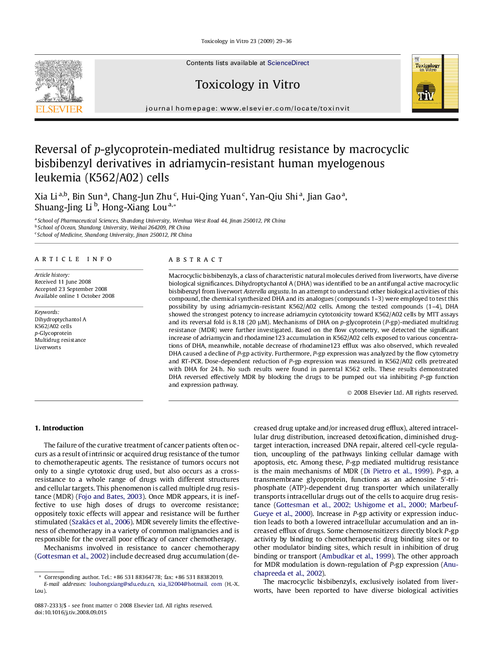 Reversal of p-glycoprotein-mediated multidrug resistance by macrocyclic bisbibenzyl derivatives in adriamycin-resistant human myelogenous leukemia (K562/A02) cells