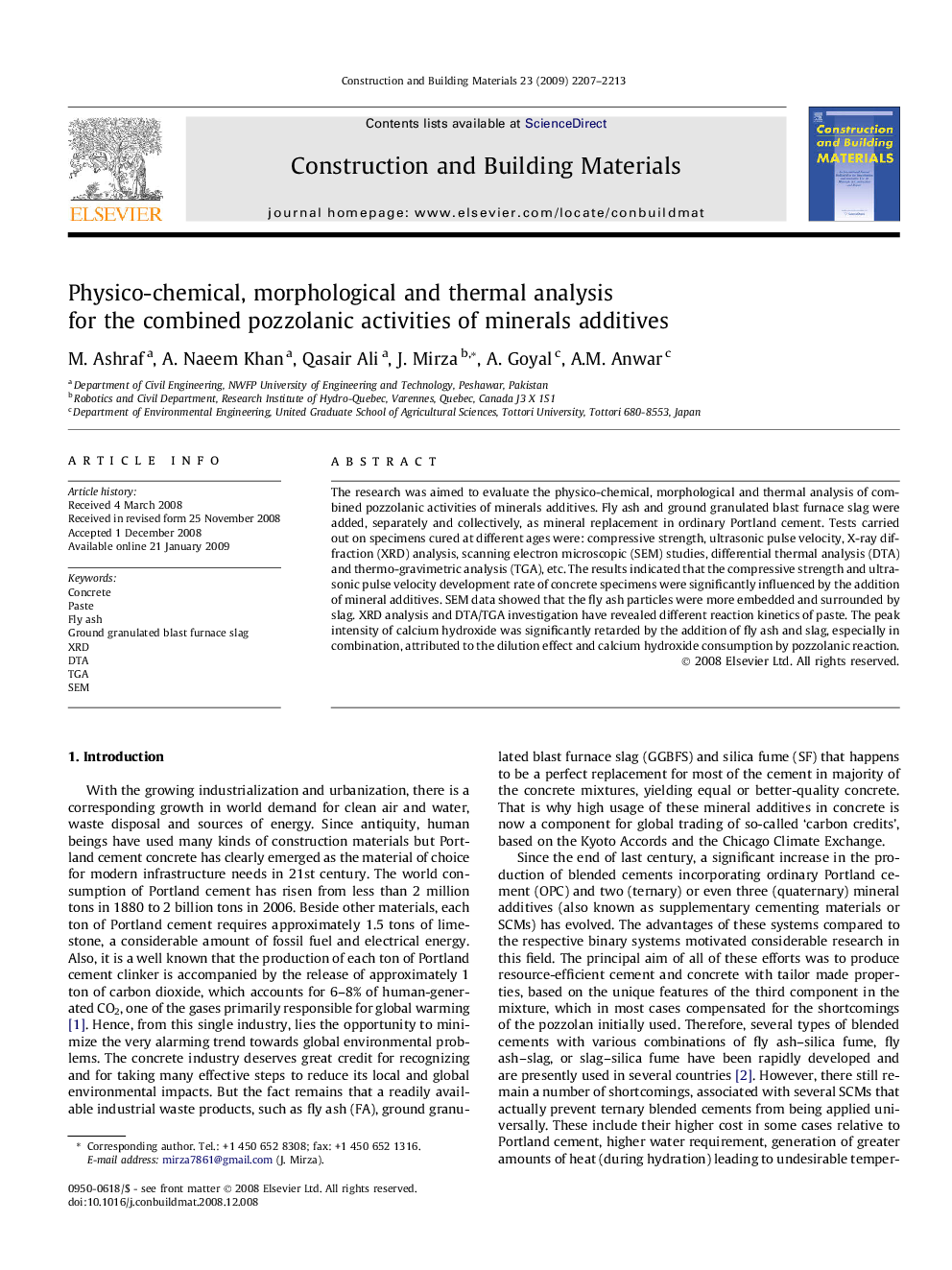 Physico-chemical, morphological and thermal analysis for the combined pozzolanic activities of minerals additives