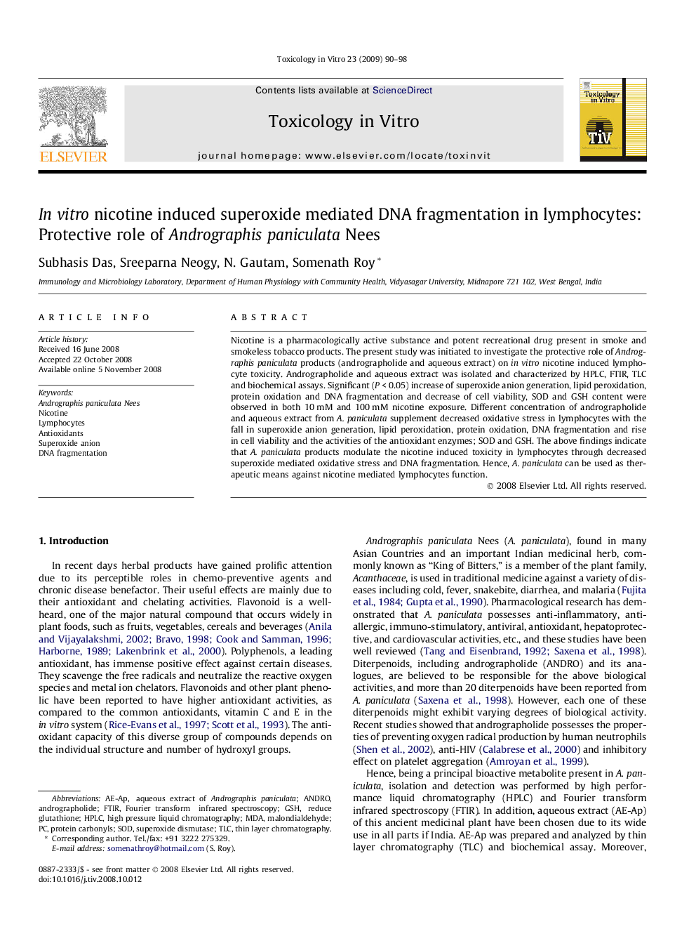 In vitro nicotine induced superoxide mediated DNA fragmentation in lymphocytes: Protective role of Andrographis paniculata Nees