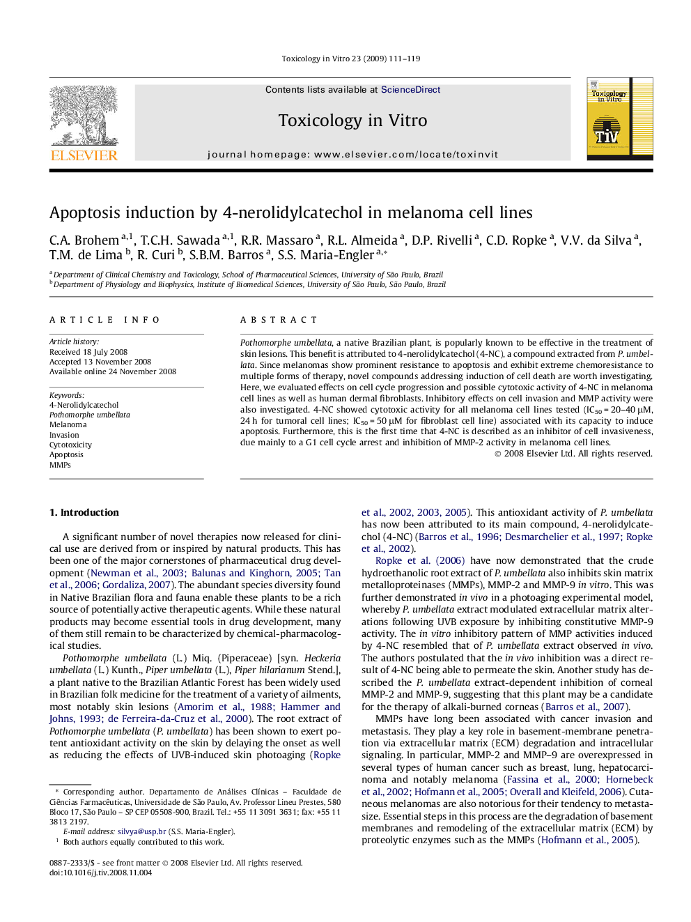 Apoptosis induction by 4-nerolidylcatechol in melanoma cell lines