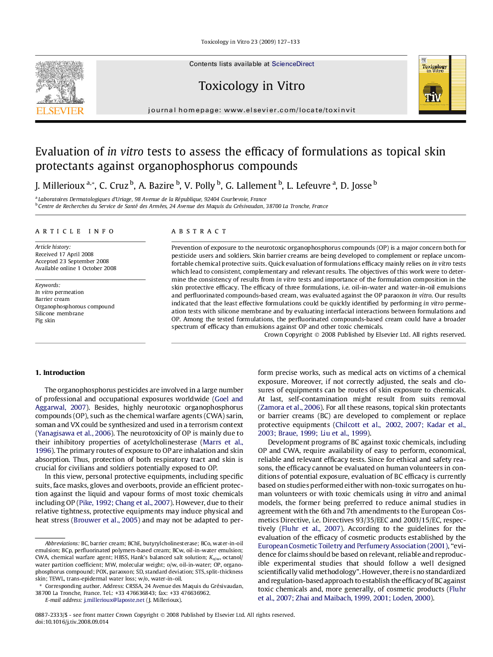 Evaluation of in vitro tests to assess the efficacy of formulations as topical skin protectants against organophosphorus compounds