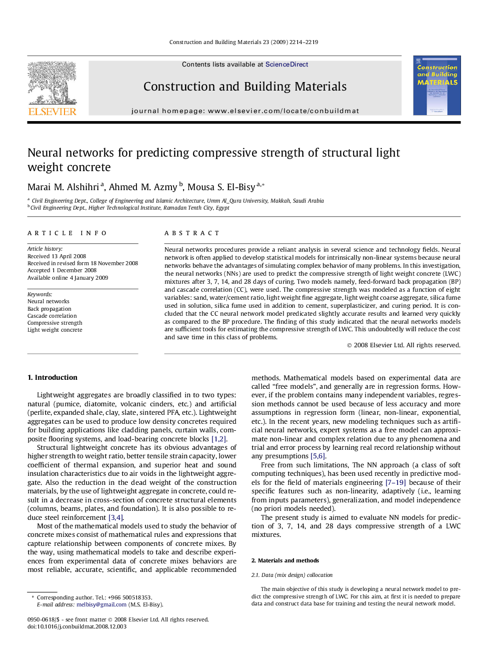 Neural networks for predicting compressive strength of structural light weight concrete