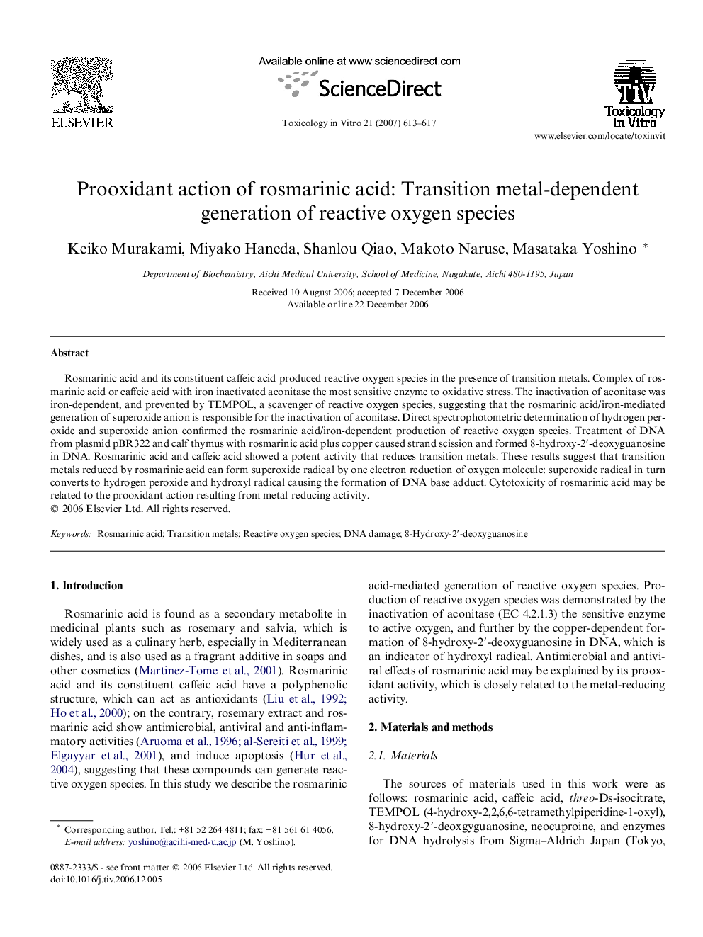 Prooxidant action of rosmarinic acid: Transition metal-dependent generation of reactive oxygen species