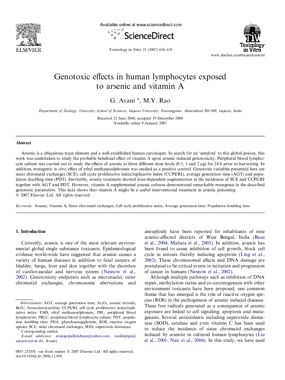 Genotoxic effects in human lymphocytes exposed to arsenic and vitamin A