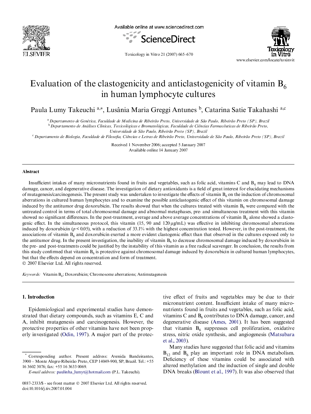 Evaluation of the clastogenicity and anticlastogenicity of vitamin B6 in human lymphocyte cultures