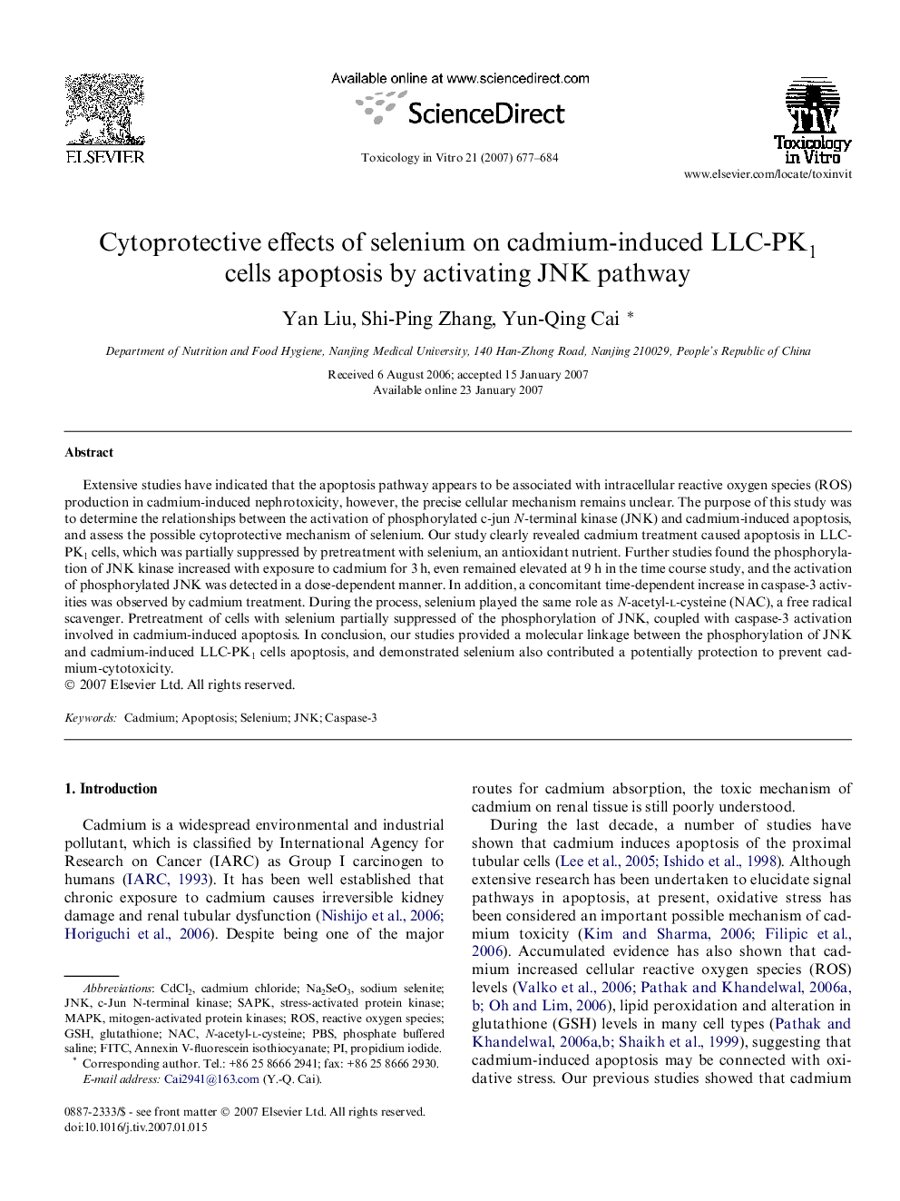 Cytoprotective effects of selenium on cadmium-induced LLC-PK1 cells apoptosis by activating JNK pathway