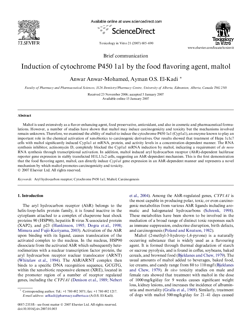 Induction of cytochrome P450 1a1 by the food flavoring agent, maltol