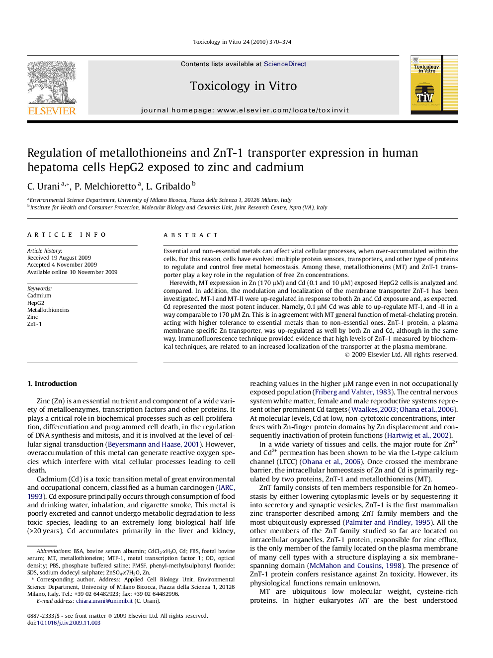 Regulation of metallothioneins and ZnT-1 transporter expression in human hepatoma cells HepG2 exposed to zinc and cadmium