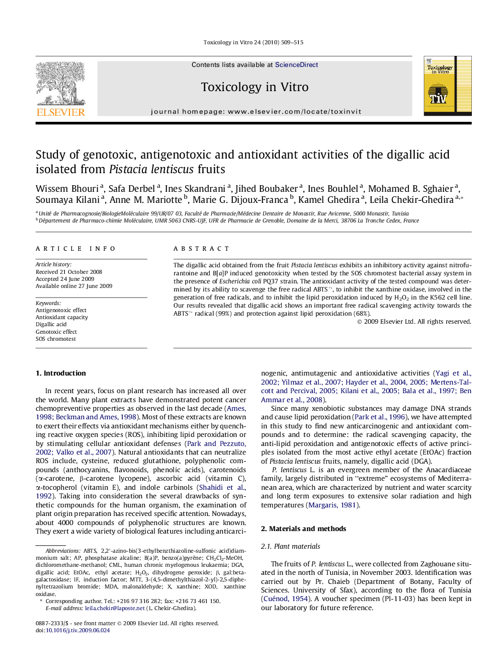 Study of genotoxic, antigenotoxic and antioxidant activities of the digallic acid isolated from Pistacia lentiscus fruits