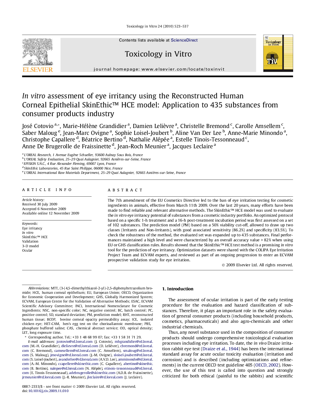 In vitro assessment of eye irritancy using the Reconstructed Human Corneal Epithelial SkinEthic™ HCE model: Application to 435 substances from consumer products industry