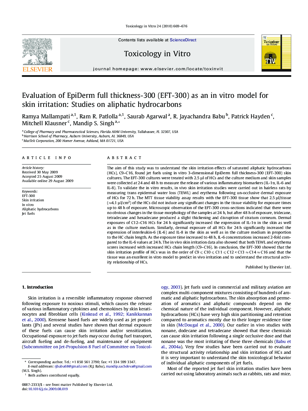 Evaluation of EpiDerm full thickness-300 (EFT-300) as an in vitro model for skin irritation: Studies on aliphatic hydrocarbons