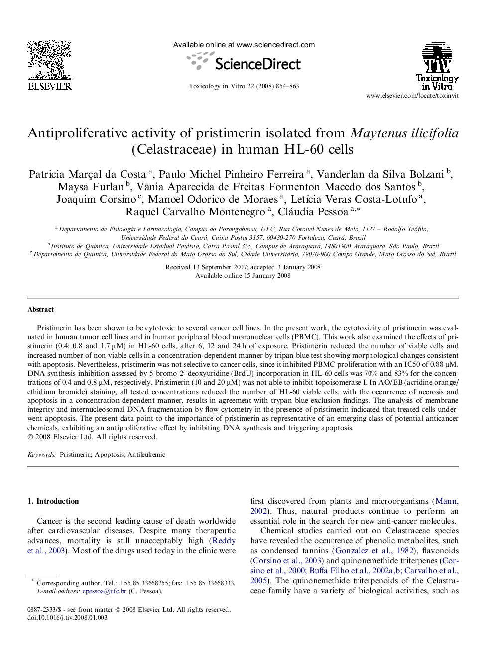 Antiproliferative activity of pristimerin isolated from Maytenus ilicifolia (Celastraceae) in human HL-60 cells