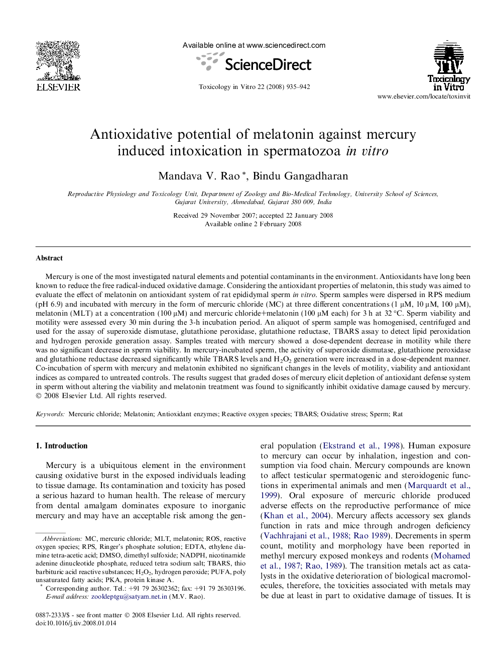 Antioxidative potential of melatonin against mercury induced intoxication in spermatozoa in vitro