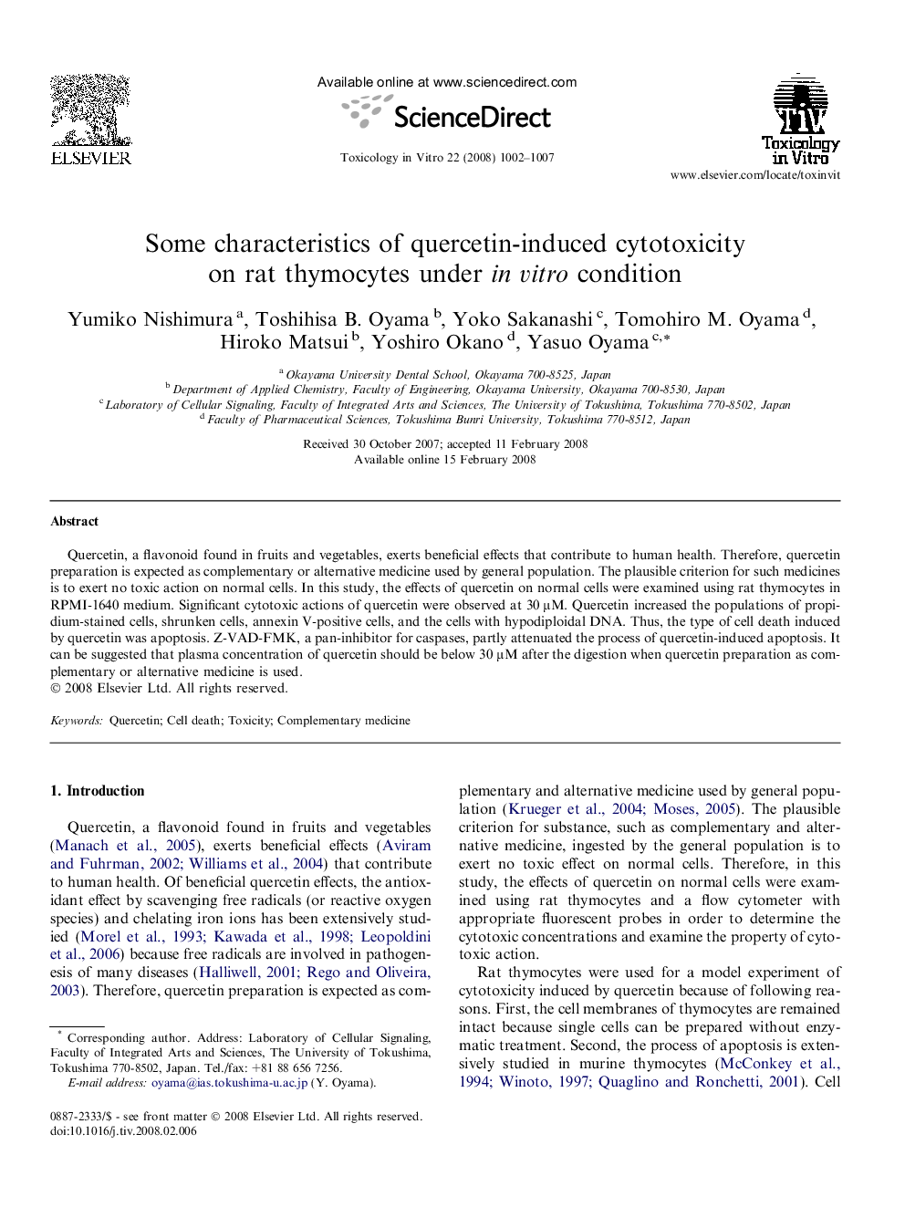 Some characteristics of quercetin-induced cytotoxicity on rat thymocytes under in vitro condition