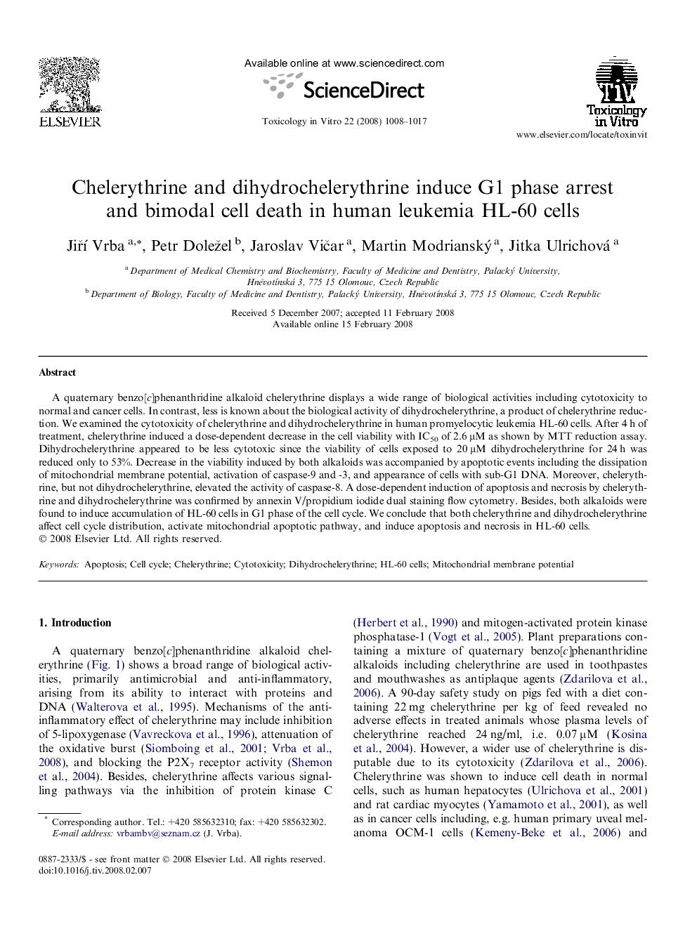 Chelerythrine and dihydrochelerythrine induce G1 phase arrest and bimodal cell death in human leukemia HL-60 cells