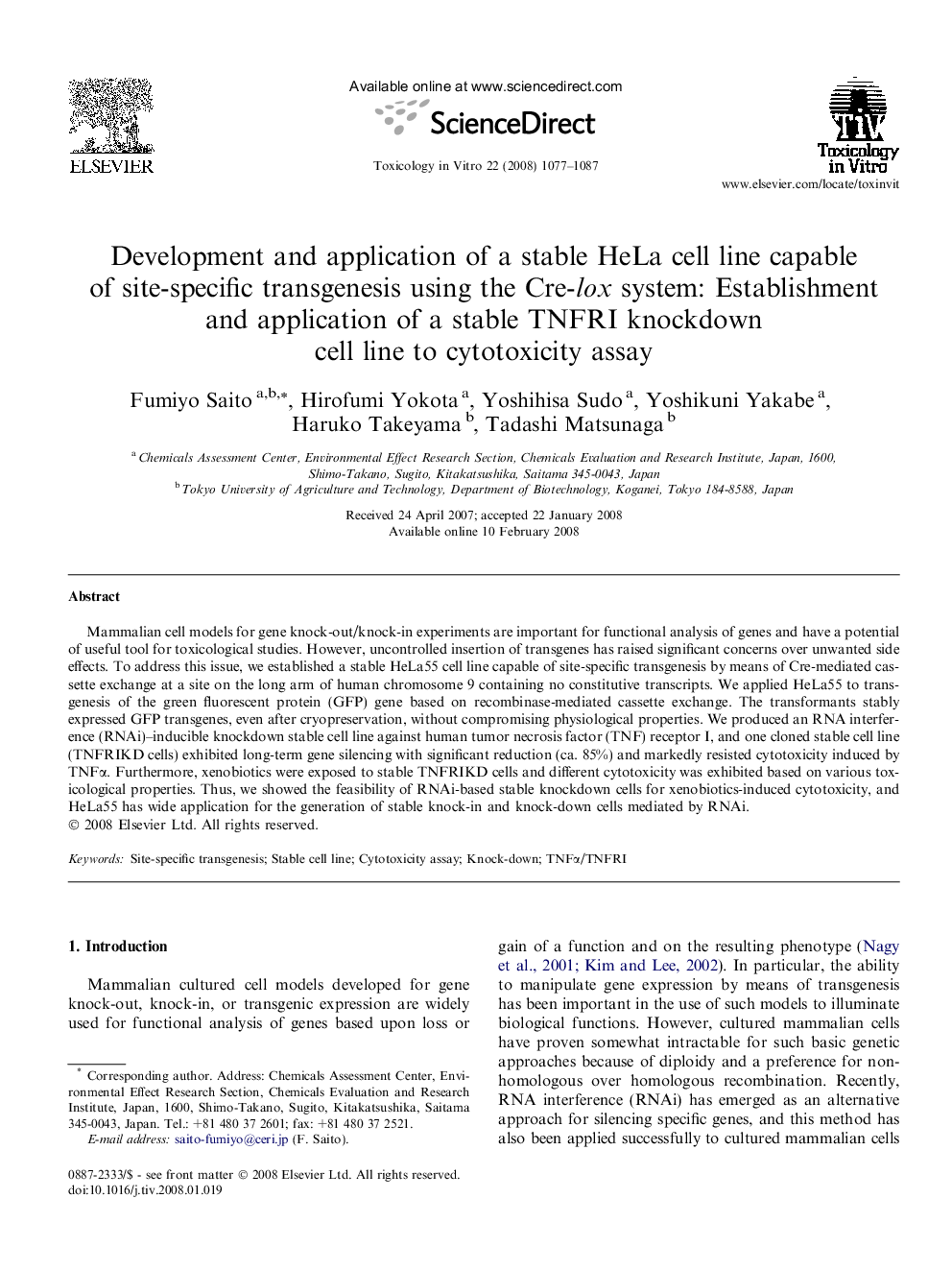 Development and application of a stable HeLa cell line capable of site-specific transgenesis using the Cre-lox system: Establishment and application of a stable TNFRI knockdown cell line to cytotoxicity assay