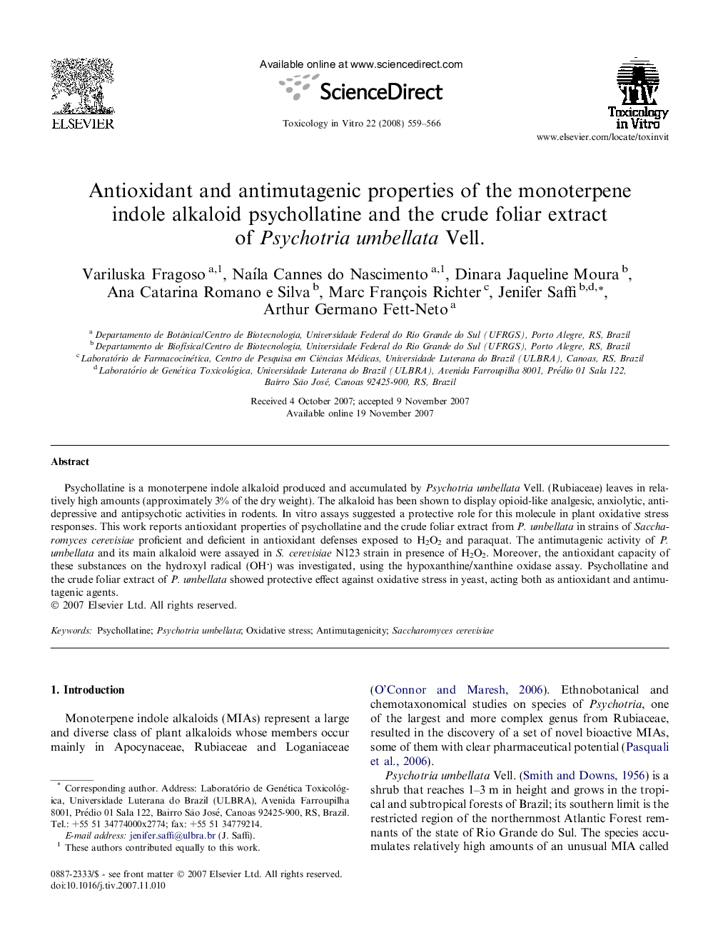 Antioxidant and antimutagenic properties of the monoterpene indole alkaloid psychollatine and the crude foliar extract of Psychotria umbellata Vell.