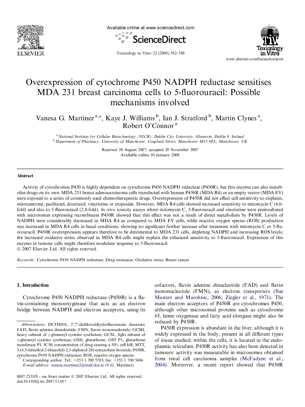 Overexpression of cytochrome P450 NADPH reductase sensitises MDA 231 breast carcinoma cells to 5-fluorouracil: Possible mechanisms involved