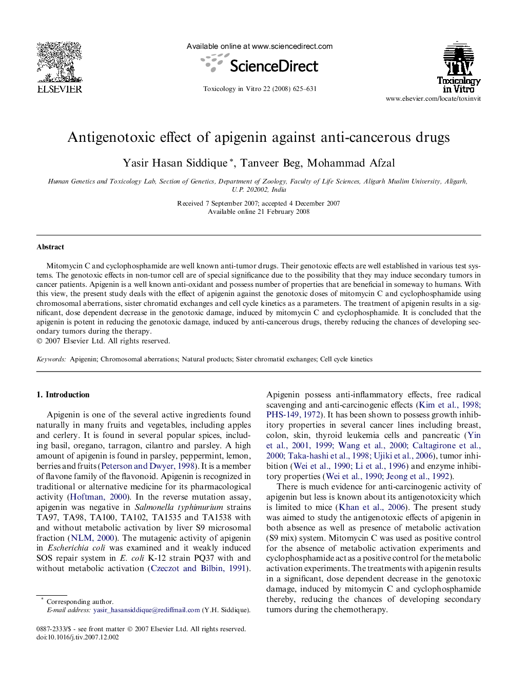 Antigenotoxic effect of apigenin against anti-cancerous drugs