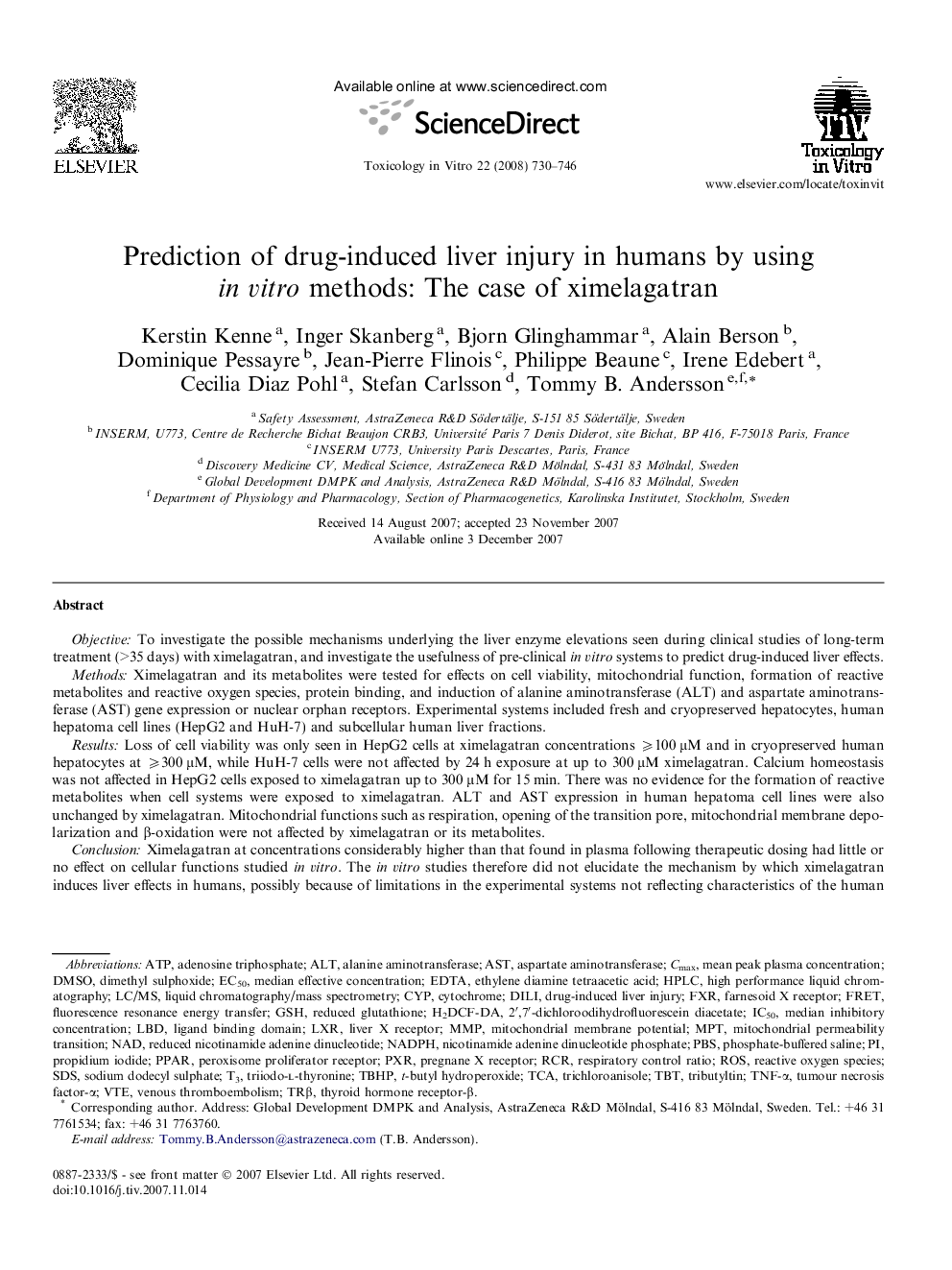 Prediction of drug-induced liver injury in humans by using in vitro methods: The case of ximelagatran