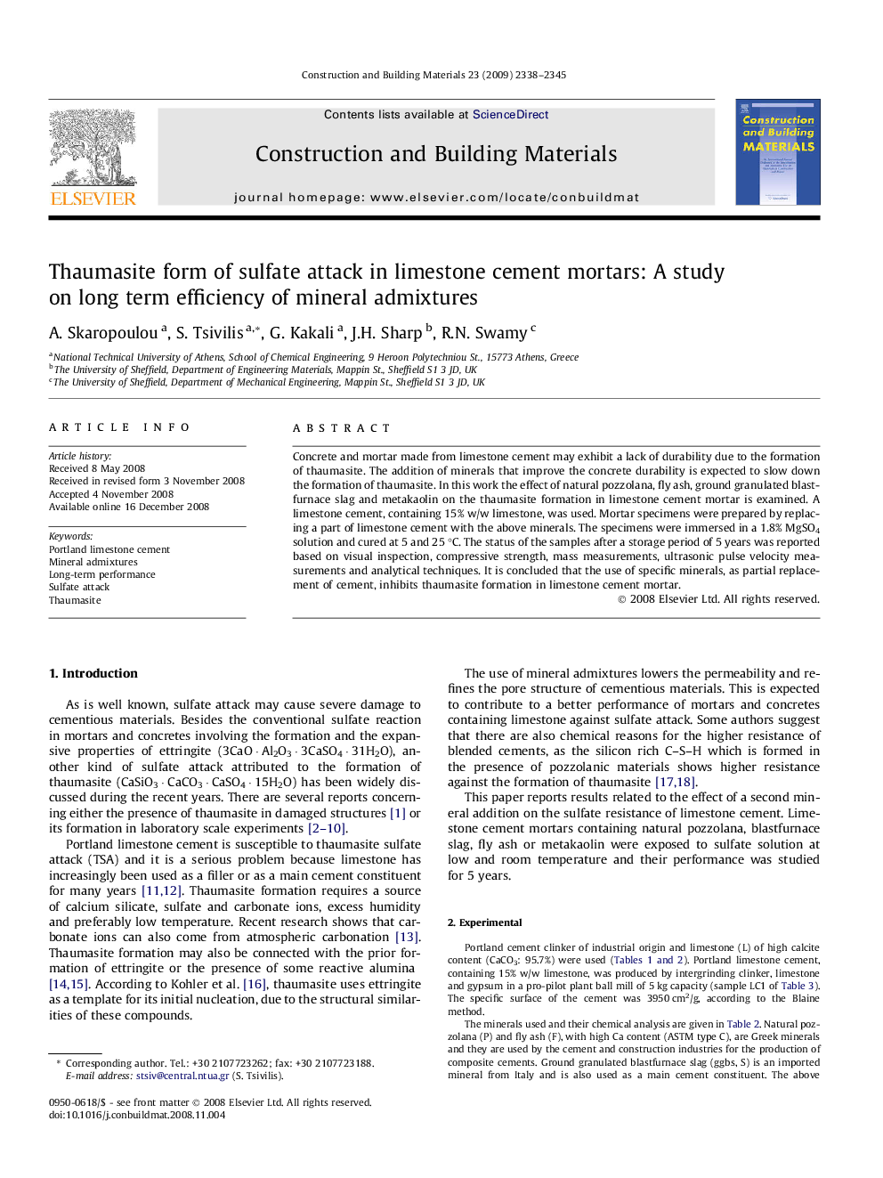 Thaumasite form of sulfate attack in limestone cement mortars: A study on long term efficiency of mineral admixtures