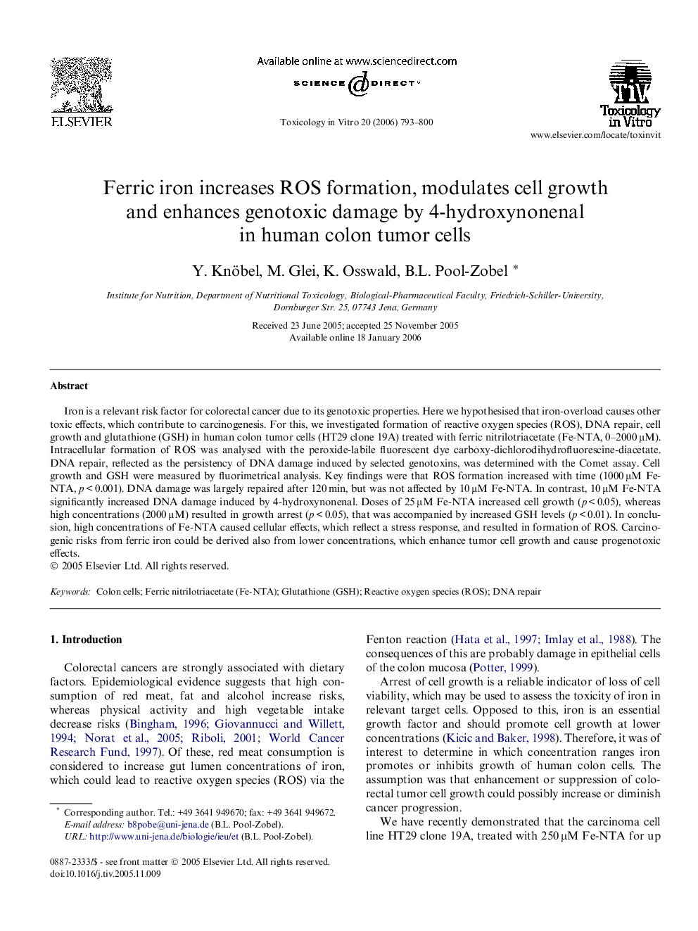 Ferric iron increases ROS formation, modulates cell growth and enhances genotoxic damage by 4-hydroxynonenal in human colon tumor cells